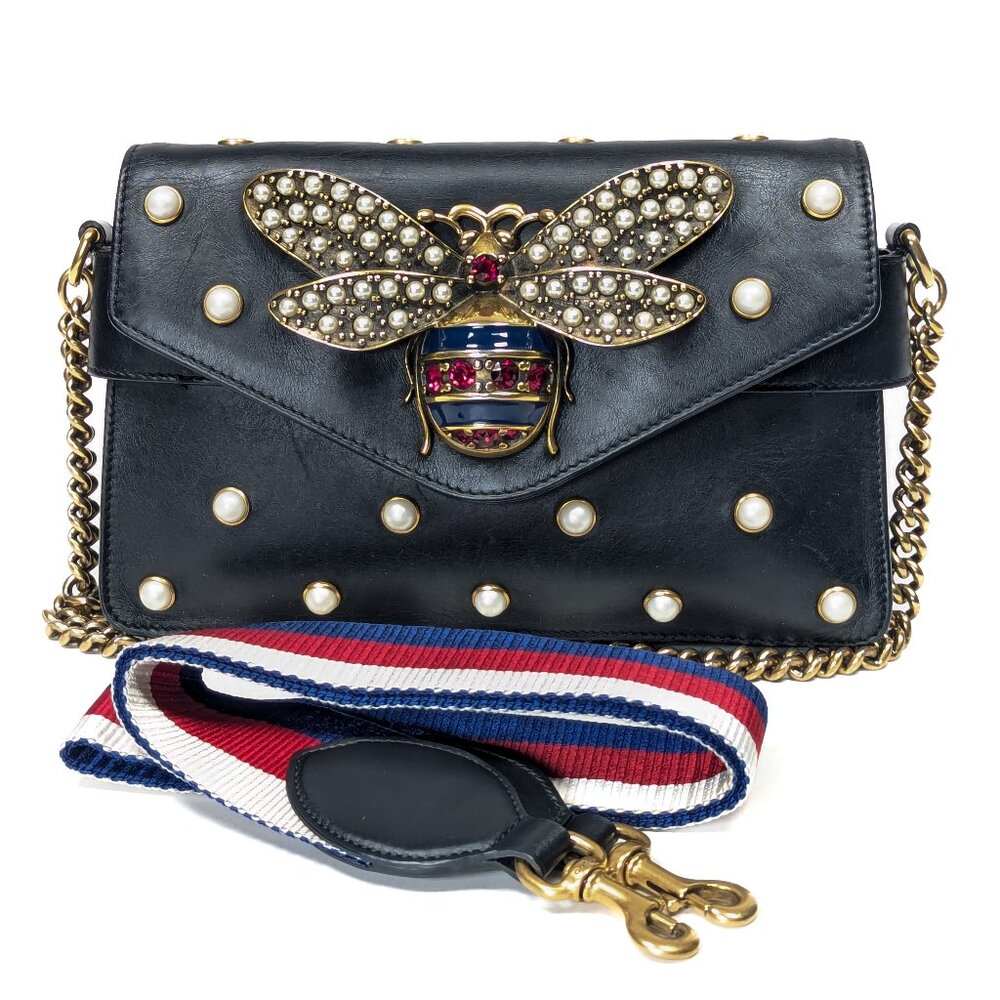 GUCCI Broadway Pearly Bee Black Calfskin Ltd Edt Shoulder Bag with Strap
